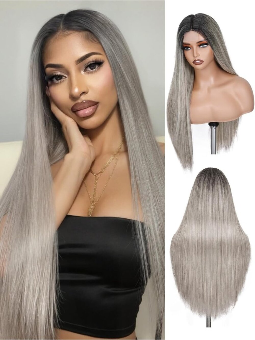 Women's Grey 26 Inch Heat Resistant Straight Middle Part Synthetic Wigs